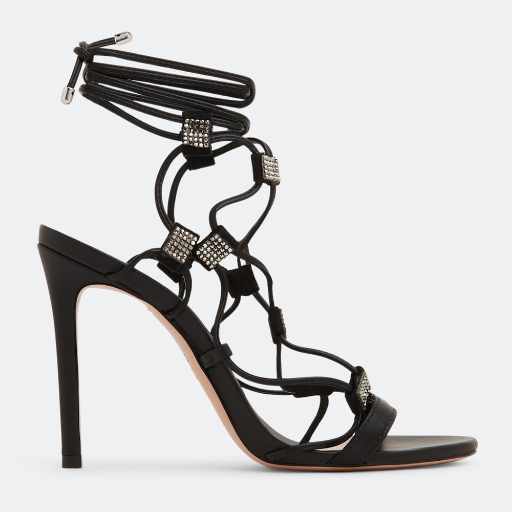SCHUTZ Kallie Black Rhinestone Lace-Up Stiletto Sandals